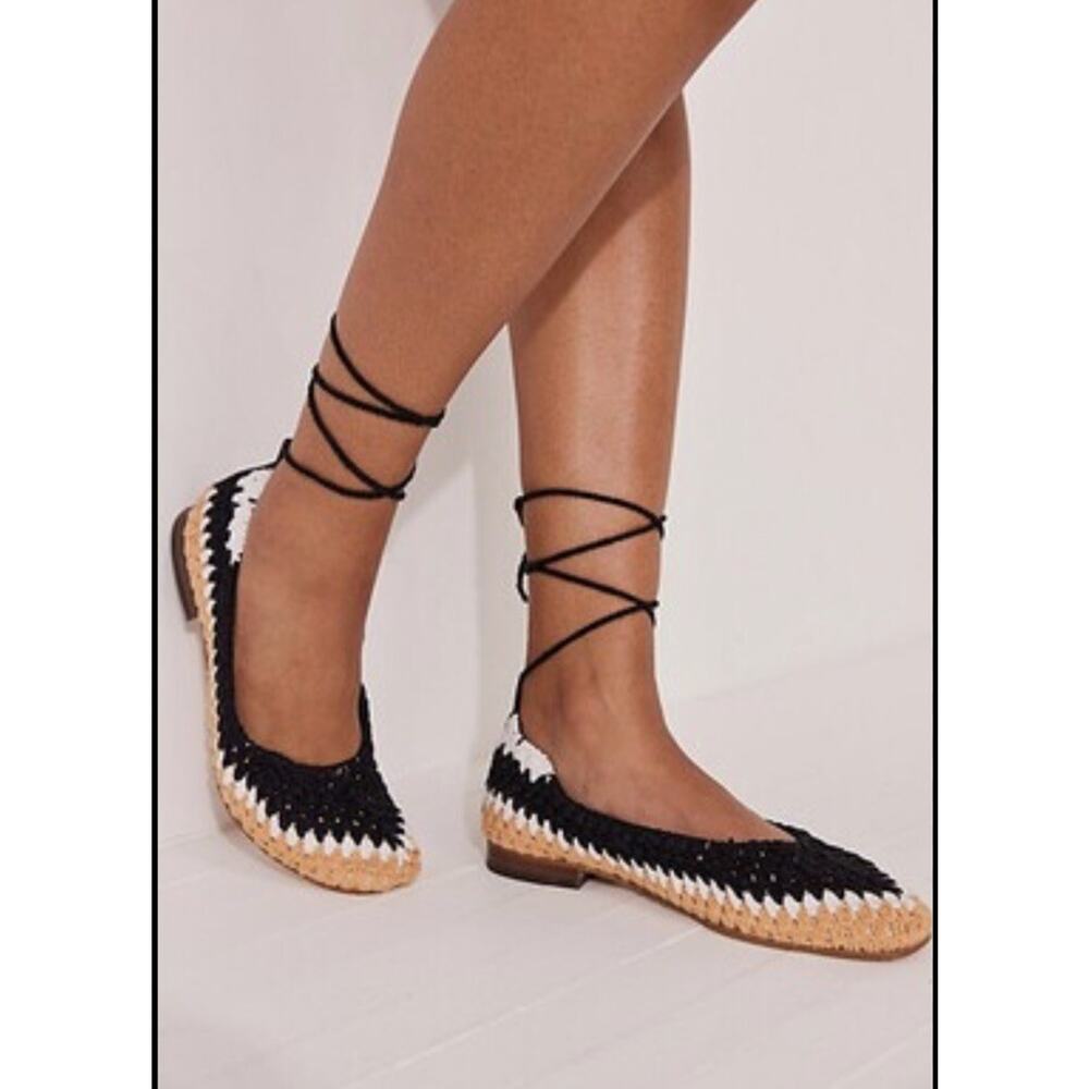 Free People Ellie Crochet Flats Lace Up Ankle Ballet Espadrille 36.5 Sz 6.5 NWOT